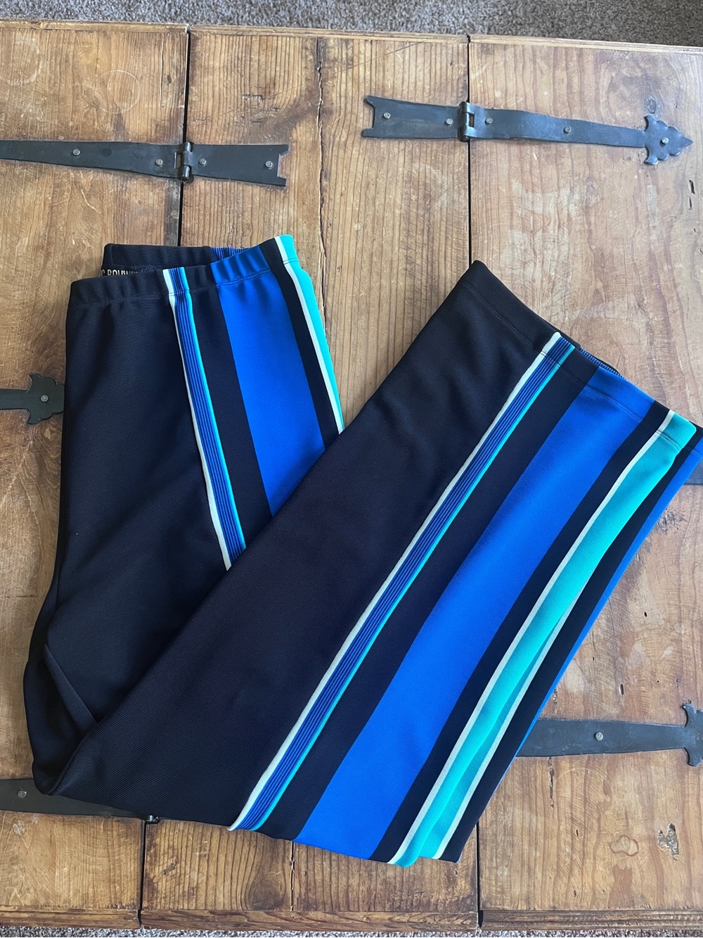 Marc Bouwer Black Stretch Pants with Blue‎ & Teal Side Stripes